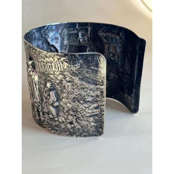Vintage Denmark Repousse Story Scene Hans Jensen Silverplate Wide Cuff Bracelet - Picture 7 of 9